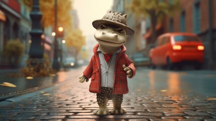 A frog wearing a hat and coat standing on a street - obrazy, fototapety, plakaty