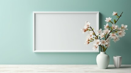 A vase with flowers in front of a picture frame