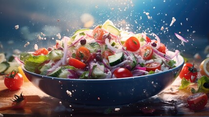 Fototapeta na wymiar A bowl of salad with tomatoes, cucumbers and onions