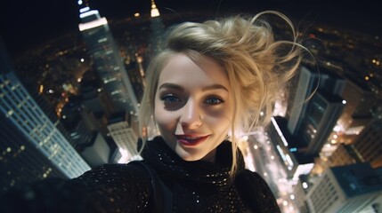 A woman in a black top standing in front of a city at night