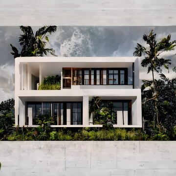 Bali beach house three story high modern white house realistic extreme detail photo real 4k intense atmosphere lush vegetation concrete 