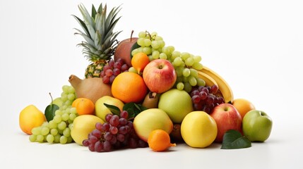 A pile of different types of fruit on a white surface