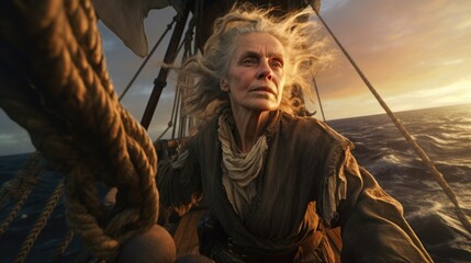 Fototapeta na wymiar An old woman on a boat in the ocean