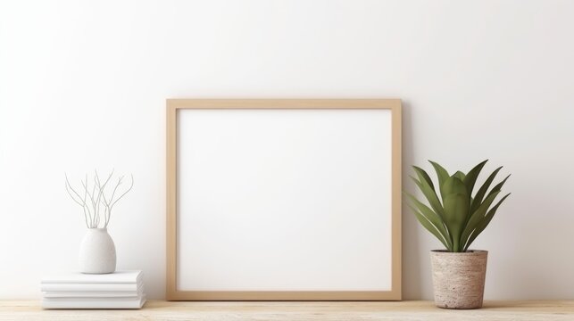 An empty picture frame next to a potted plant