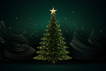 Christmas tree with stars, green background copy space