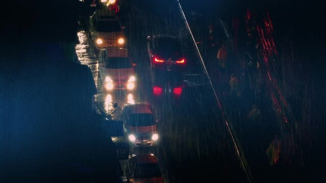 Rainstorm On City Road At Night Dramatic Scene