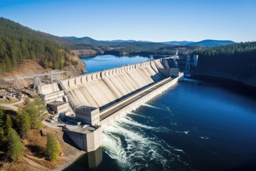 Aerial Perspective Of Hydroelectric Dam And Its Surroundings - obrazy, fototapety, plakaty