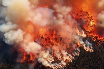 Fototapeta na wymiar Aerial Photography Captures Massive Forest Fire, Illustrating The Destructive Power Of Nature