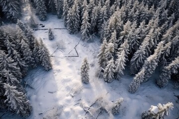 Aerial Perspective Of Snowcovered Woodland, Captured By Drone During Winter Aerial Photography Of Forest In Snow