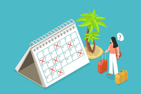 3D Isometric Flat Vector Conceptual Illustration of Holiday or Vacation Calendar, Work Leave Schedule