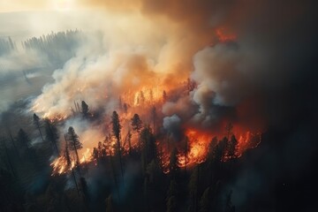 Fototapeta na wymiar Aerial View Of Massive Forest Fire, Captured By Drone From The Height Of Birds Flight, Showing Smoke And Burning Trees Portrays Ecological Catastrophe