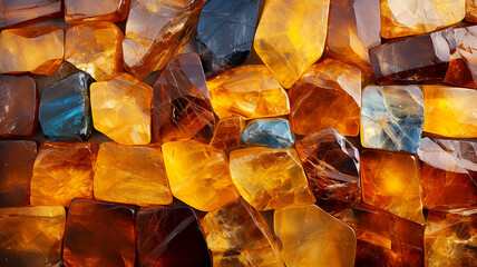 Background from pieces of amber laid out on a flat surface
