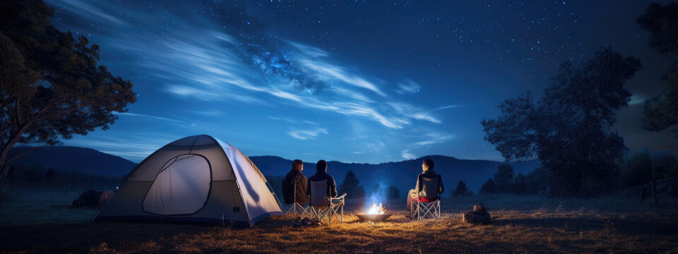 Friends campers looks up at the night sky and stars next to their tent in nature