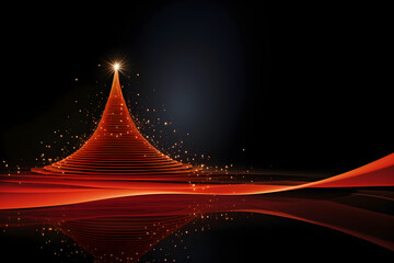 Glowing Christmas tree, red background, copy space