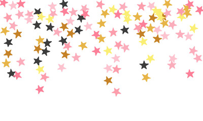 Premium black pink gold stars magic scatter design. Many starburst spangles xmas decoration elements. Baby shower stars magic texture. Sparkle symbols gift decor.