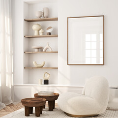 Frame mockup, single vertical ISO A paper size, reflective glass, mockup poster on the wall of living room. Interior mockup. Apartment background. Modern interior design. 3D render
