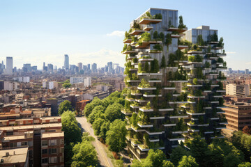 Aerial View Of The Neighbourhood With Vertical Forest, Residential Houses With Balconies Decorated With Trees And Plants