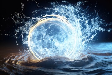 A circular object with water splashing out of it. Imaginary illustration.