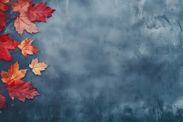 Naklejka na ściany i meble Autumnthemed Background With Red Leaves On Blue Slate Surface, Created Through Ai