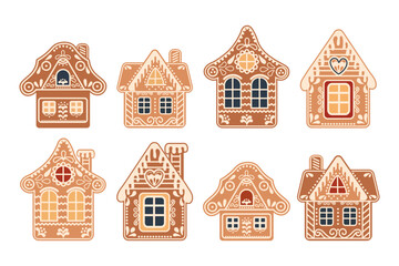 A set of cute gingerbread houses. Festive decor elements, traditional symbols illustration in flat cartoon style. Vector - obrazy, fototapety, plakaty