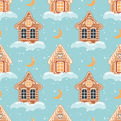 Christmas background of gingerbread houses with snow and moon. Seamless pattern in flat cartoon style. Vector