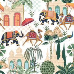Elephant, peacock, camel and architecture in the town oriental seamless pattern. Indian wallpaper. - 660602279
