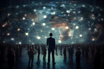 Goal. businessman standing with virtual graphic network diagram, digital online marketing, internet connection, business competition, cyber technology, business strategy concept. Generative AI - obrazy, fototapety, plakaty