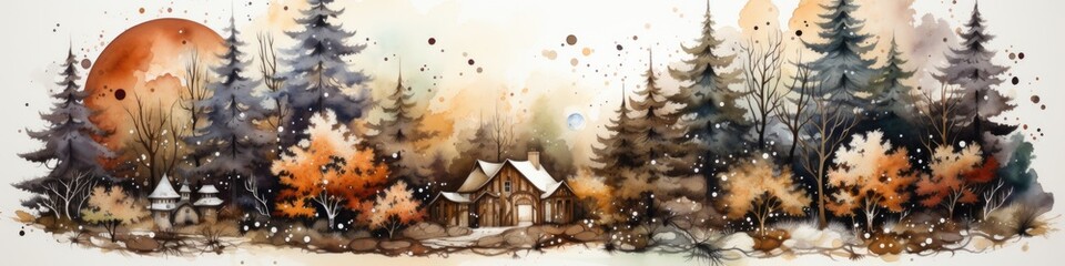 A painting of a house surrounded by trees. Imaginary illustration. Winter decorative border.