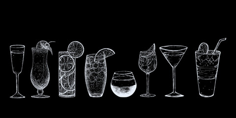 Alcoholic cocktail set. Hand drawn vector sketch. Engraved style. Hand drawn glasses with drink. Mojito, lemonade, martini, champagne, fruit tea, Blue Lagoon, Pina colada, Collins.