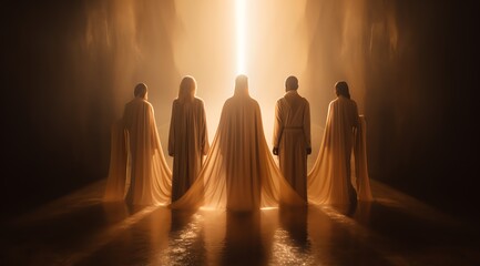 Fototapeta premium Individuals adorned in white robes, bathed in a divine golden light. The radiant god rays envelop them, symbolizing their ascension and the welcoming embrace of heaven.