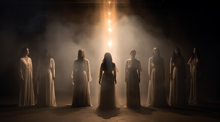 Individuals adorned in white robes, bathed in a divine golden light. The radiant god rays envelop them, symbolizing their ascension and the welcoming embrace of heaven.