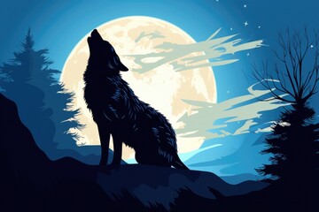drawn silhouette of a wolf howling at the moon on a blue background with the outlines of a forest