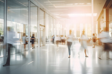 abstract motion blur image of business people crowd walking at corporate office building in city downtown, company office, blurred background, business center concept, Generative AI