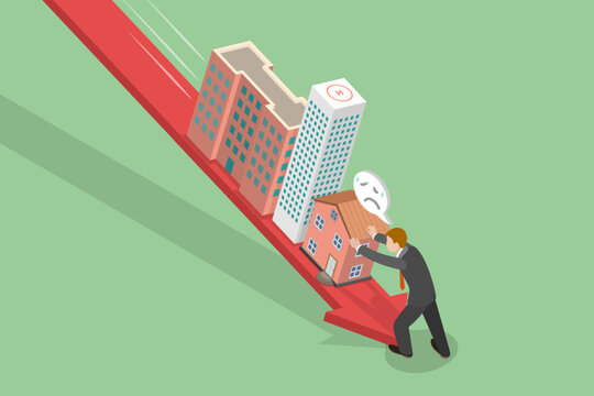 3D Isometric Flat Vector Conceptual Illustration of Real Estate And Property Market Crash, Housing Prices Falling Down