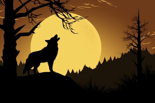 drawn silhouette of a wolf howling at the moon on an orange background with forest outlines
