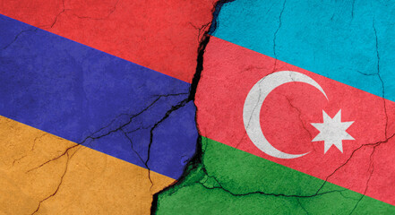 Flags of Armenia and Azerbaijan, concrete wall texture with cracks, grunge background, concept of military conflict