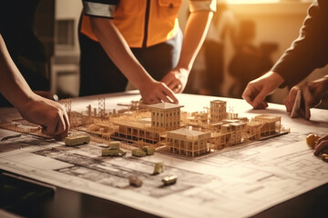 construction worker team planning building plan with blueprint and construction tool on conference table at construction site, contractor, business, industry, construction concept. Generative AI
