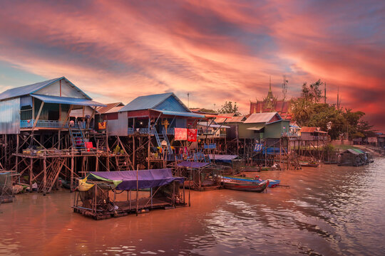 Landscape with floating village on the water of Tonle Sap lake, Cambodia