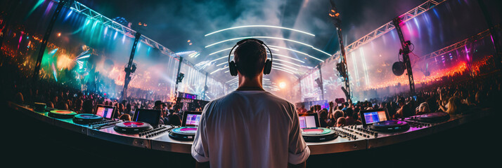 Back view of a Dj standing in front of a big crowd at a music festival
