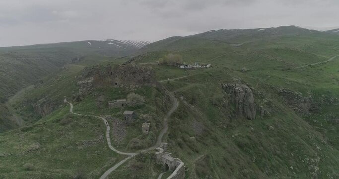 Drone footage over the ancient ruins of  Amberd Fortress on Mount Aragats in Aragatsotn, Armenia