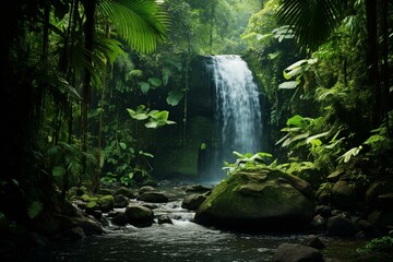 Jungle waterfall surrounded by lush greenery. Generative AI