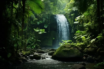Zelfklevend Fotobehang Jungle waterfall surrounded by lush greenery. Generative AI © Aidenyas