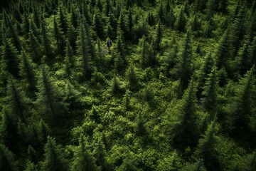 aerial perspective: hunter moving through the dense boreal forest. Generative AI