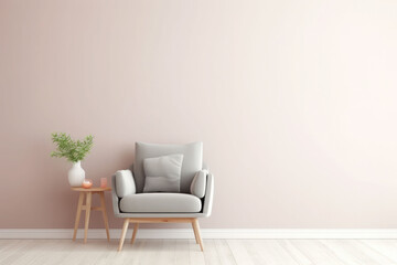 Scandinavian style living room. Gray armchair with cushion on light background. Generative AI