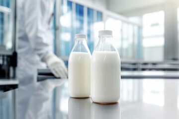 Milk glass bottles in laboratory. Concept for lab grown milk from artificial cultured dairy production.