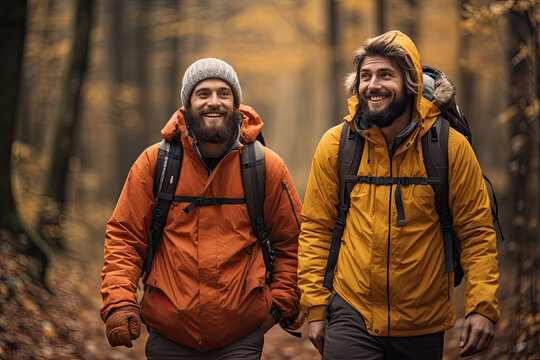 Dos hombre jovenes con barba larga, sonrientes, con chubasqueros naranjas y amarillos, caminando por un  bosque oto&ntilde;al con hojas amarillas en el suelo