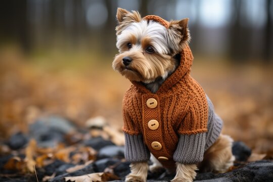 A small dog wearing a sweater on top of a pile of leaves. Photorealistic AI image.