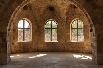 Old structure with stone arch windows and circular chamber. Generative AI