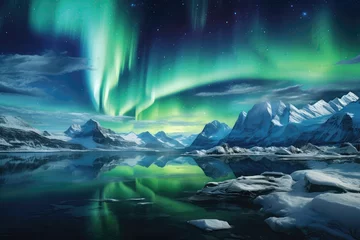 Fotobehang Noorderlicht The Northern Lights Dance Over Snowy Mountains And A Lake. Сoncept Northern Lights, Snowy Mountains, Lake, Natural Beauty