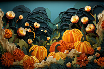 An background of pumpkins, created from paper
